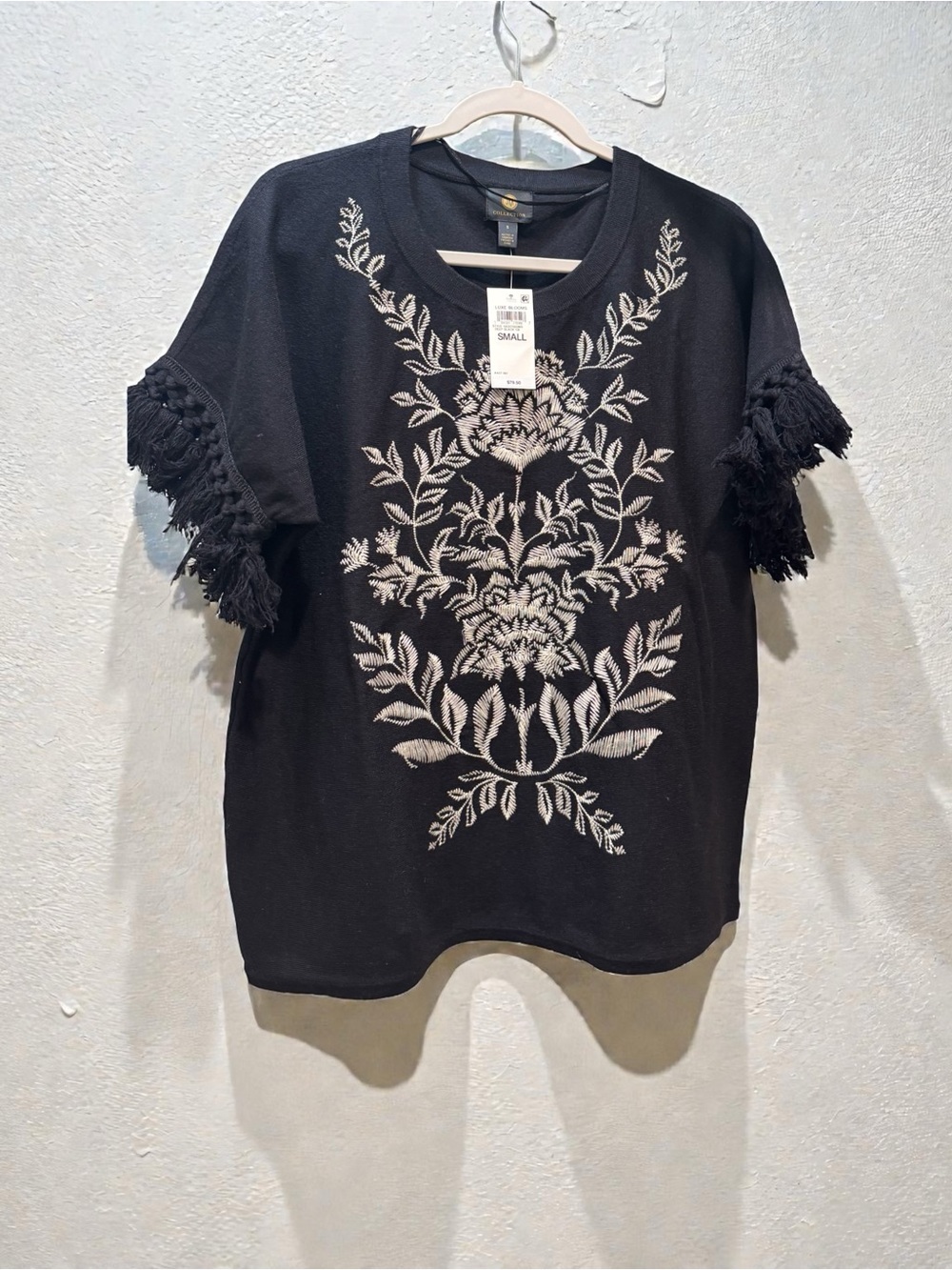 JM Collection Black Sweater with Cream Floral Embroidery